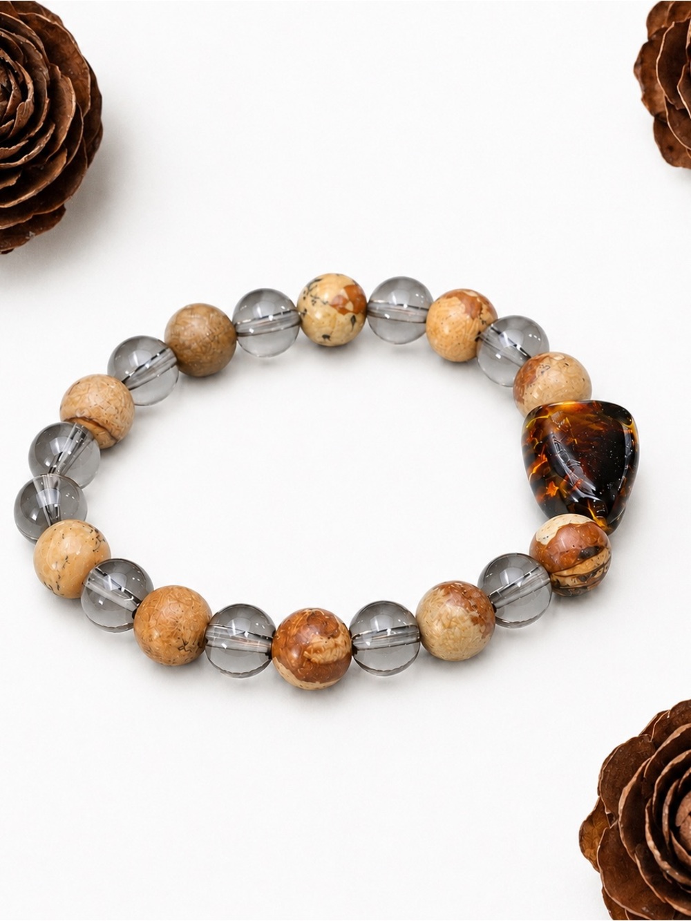 Handmade Amber Beaded Bracelet 7.5” Boho Stretch Earth Tone Jewelry